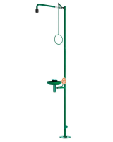 Nooddouche met oogdouche met opvangbakje van kunststof, groen, vloermontage, BR 837085/75 liter