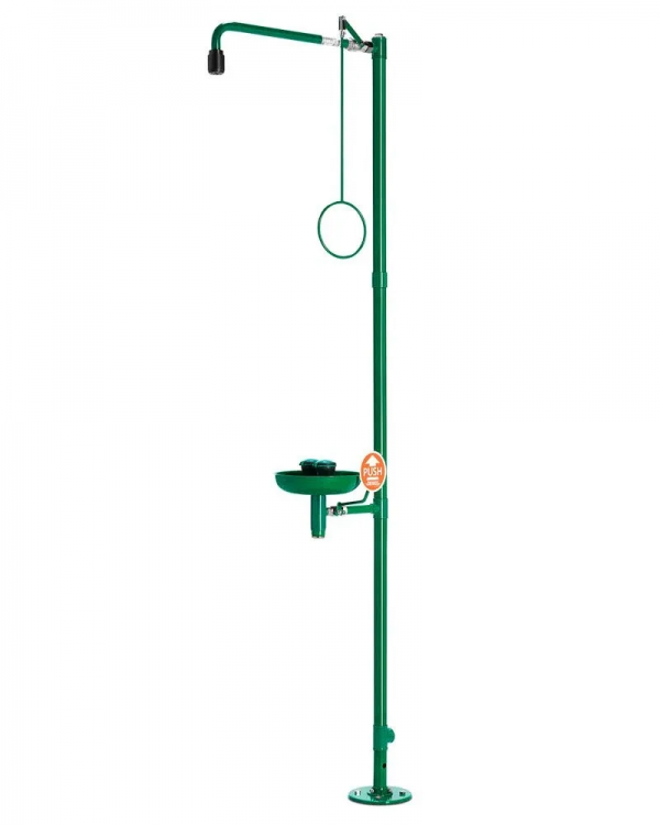 Nooddouche met oogdouche met opvangbakje van kunststof, groen, vloermontage, BR 837085/75 liter